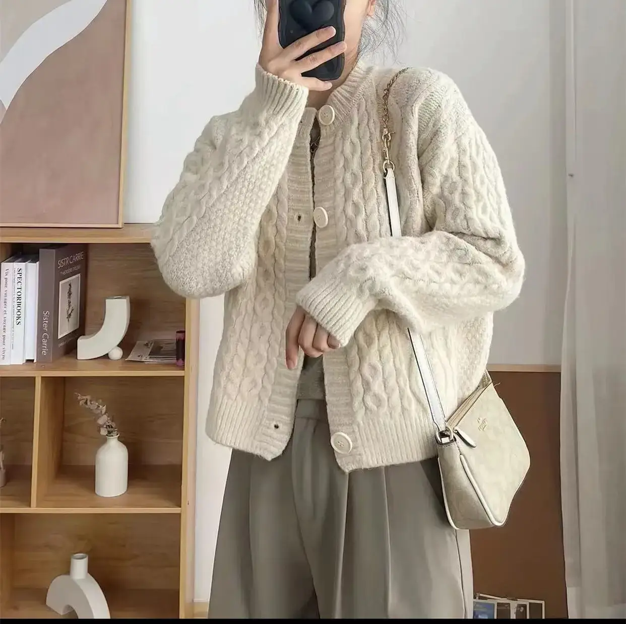Women Korean Style Knitted Cardigan Jacket Beige - Image 4