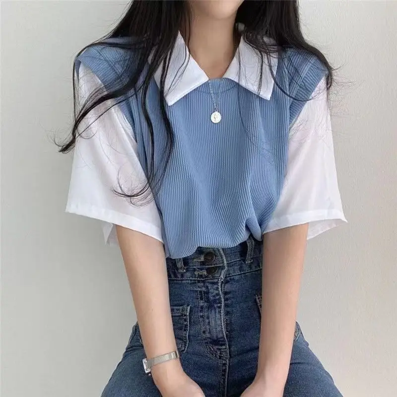 2025 Summer Polo Lapel Fake Two-Piece Preppy Style Contrasting Color Short-Sleeved T-Shirt Women's Loose Casual Versatile Top Ins