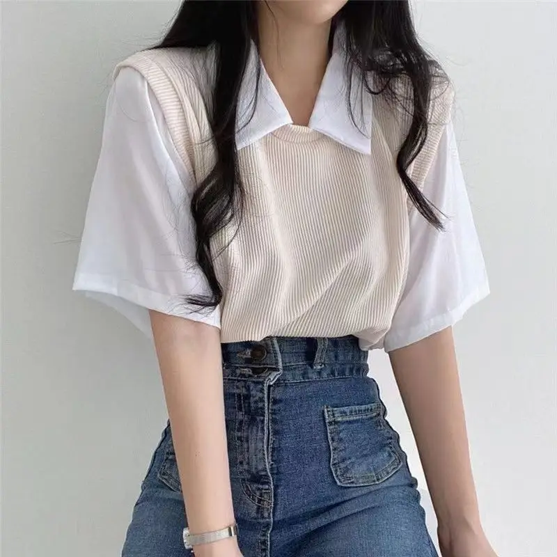2025 Summer Polo Lapel Fake Two-Piece Preppy Style Contrasting Color Short-Sleeved T-Shirt Women's Loose Casual Versatile Top Ins