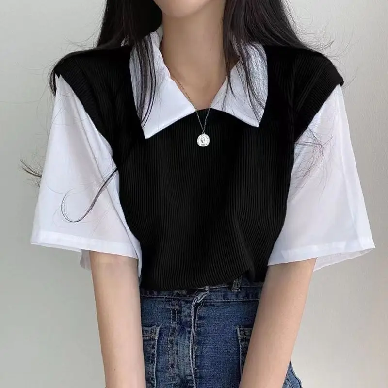 2025 Summer Polo Lapel Fake Two-Piece Preppy Style Contrasting Color Short-Sleeved T-Shirt Women's Loose Casual Versatile Top Ins