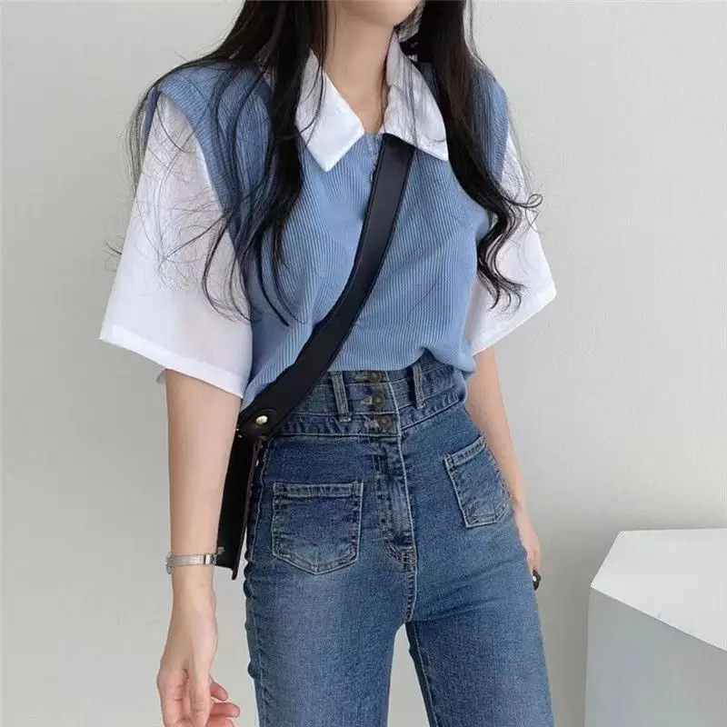 2025 Summer Polo Lapel Fake Two-Piece Preppy Style Contrasting Color Short-Sleeved T-Shirt Women's Loose Casual Versatile Top Ins