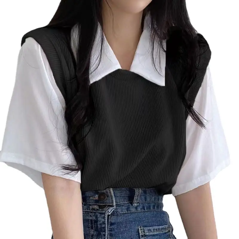 2025 Summer Polo Lapel Fake Two-Piece Preppy Style Contrasting Color Short-Sleeved T-Shirt Women's Loose Casual Versatile Top Ins