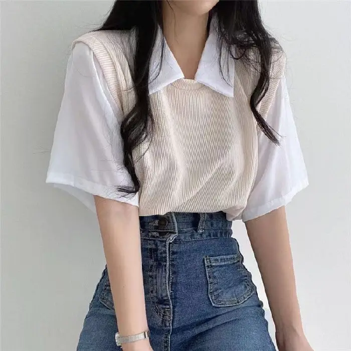 2025 Summer Polo Lapel Fake Two-Piece Preppy Style Contrasting Color Short-Sleeved T-Shirt Women's Loose Casual Versatile Top Ins