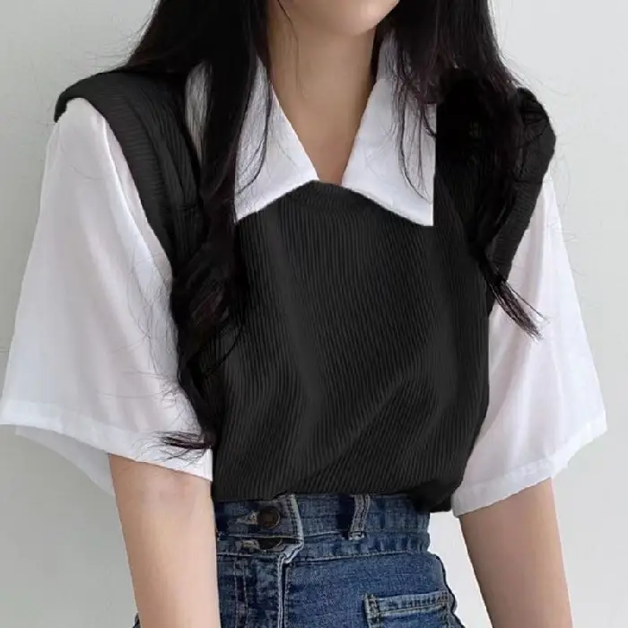 2025 Summer Polo Lapel Fake Two-Piece Preppy Style Contrasting Color Short-Sleeved T-Shirt Women's Loose Casual Versatile Top Ins