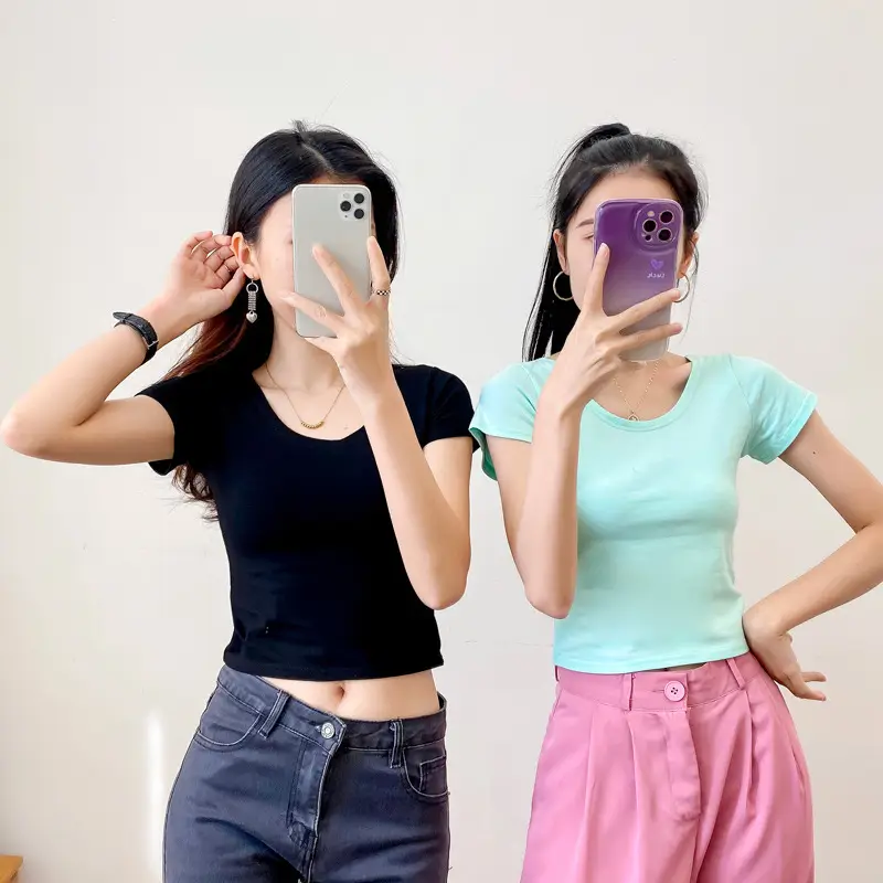 Women Short Sleeve T-Shirt Blue Slim Fit Summer Wear