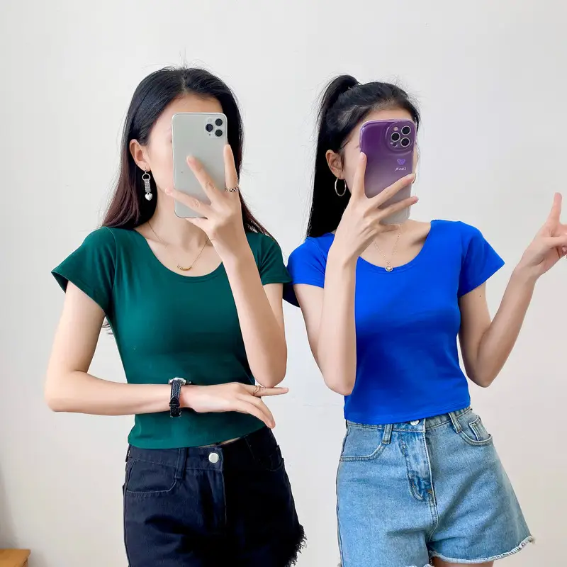 Women Short Sleeve T-Shirt Blue Slim Fit Summer Wear