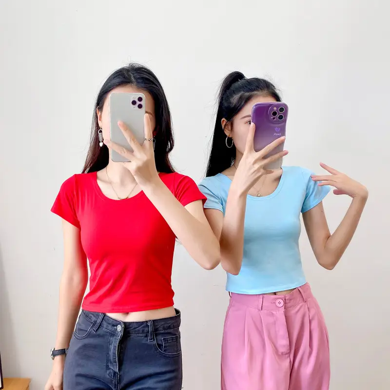 Women Short Sleeve T-Shirt Blue Slim Fit Summer Wear