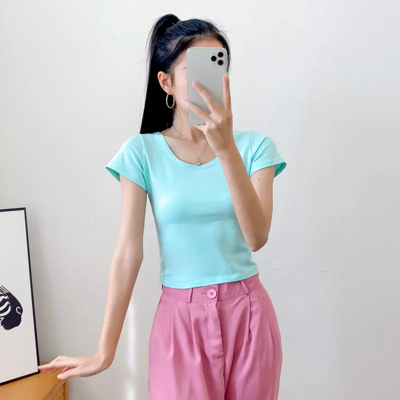 Women Short Sleeve T-Shirt Blue Slim Fit Summer Wear