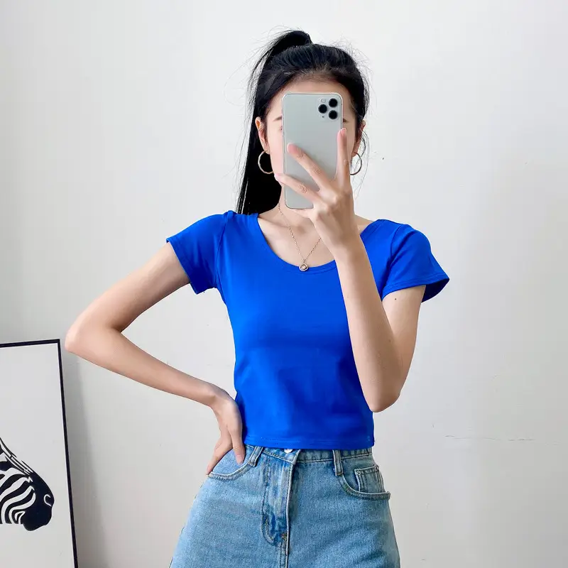 Women Short Sleeve T-Shirt Blue Slim Fit Summer Wear