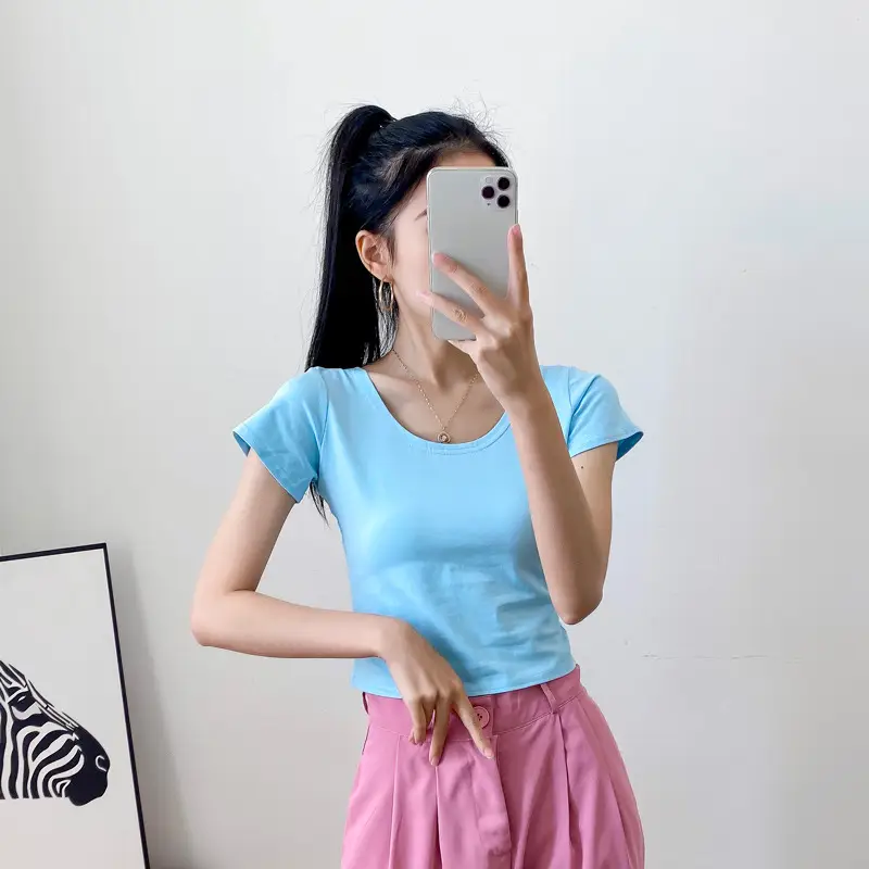 Women Short Sleeve T-Shirt Blue Slim Fit Summer Wear