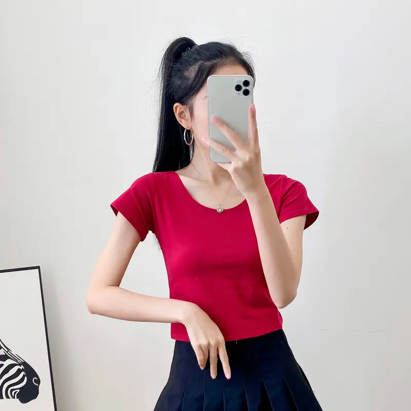 Women Short Sleeve T-Shirt Blue Slim Fit Summer Wear