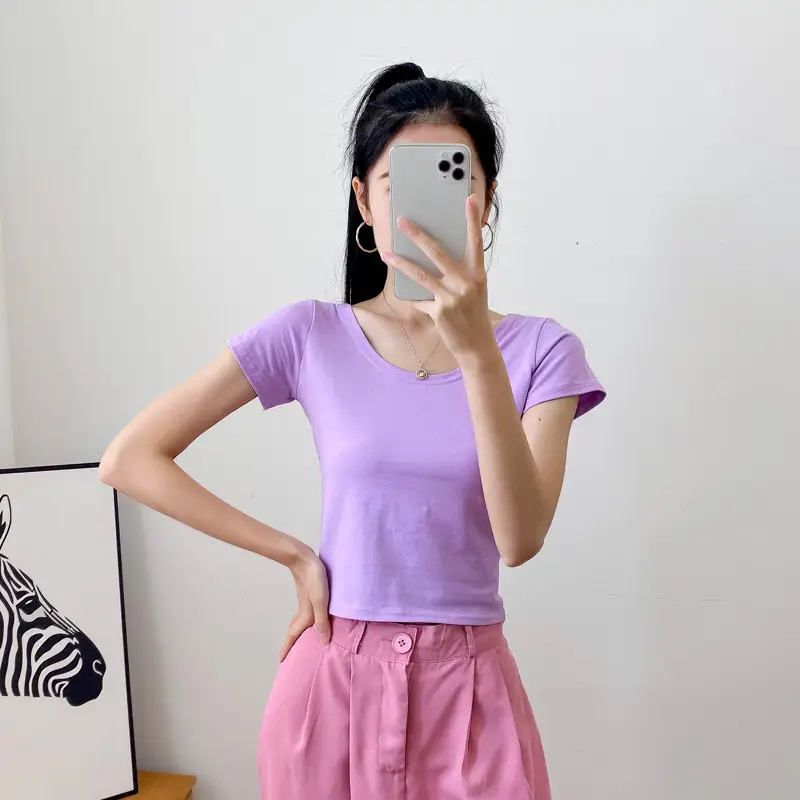 Women Short Sleeve T-Shirt Blue Slim Fit Summer Wear