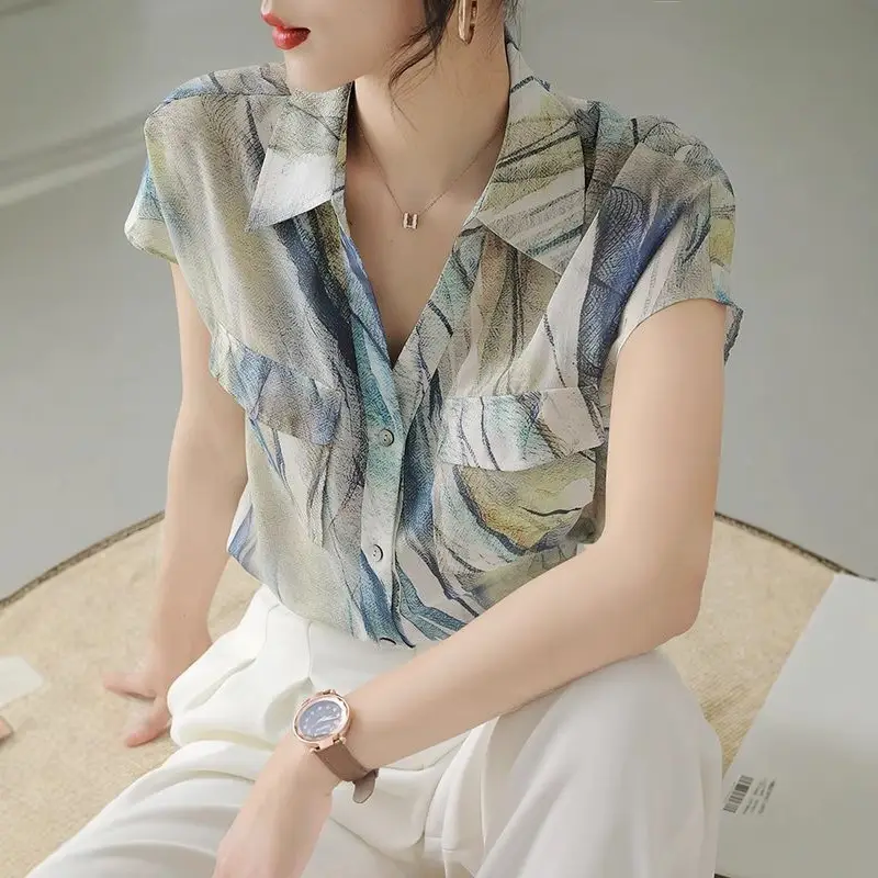 Imitation Silk Short Sleeve V-Neck Shirt Women - Image 2