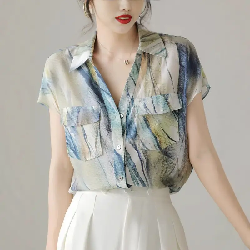 Imitation Silk Short Sleeve V-Neck Shirt Women - Image 3