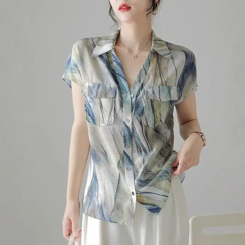 Imitation Silk Short Sleeve V-Neck Shirt Women - Image 4