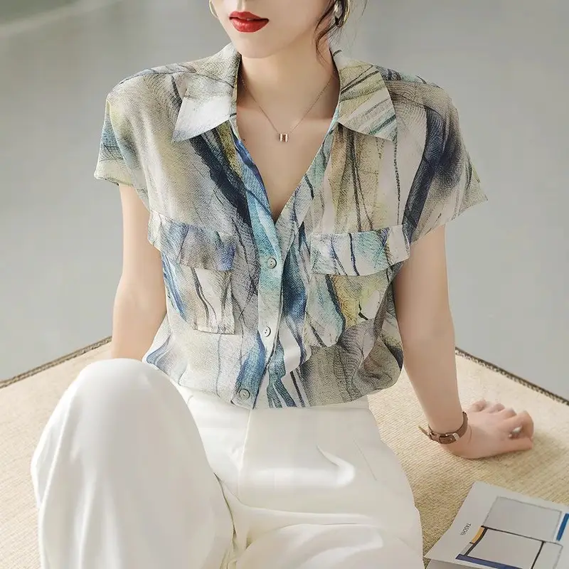 Imitation Silk Short Sleeve V-Neck Shirt Women - Image 5
