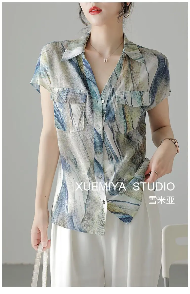 Imitation Silk Short Sleeve V-Neck Shirt Women — feature 17