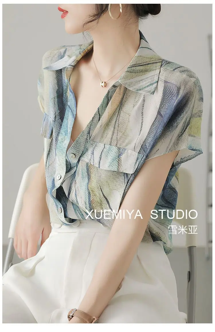 Imitation Silk Short Sleeve V-Neck Shirt Women — feature 8