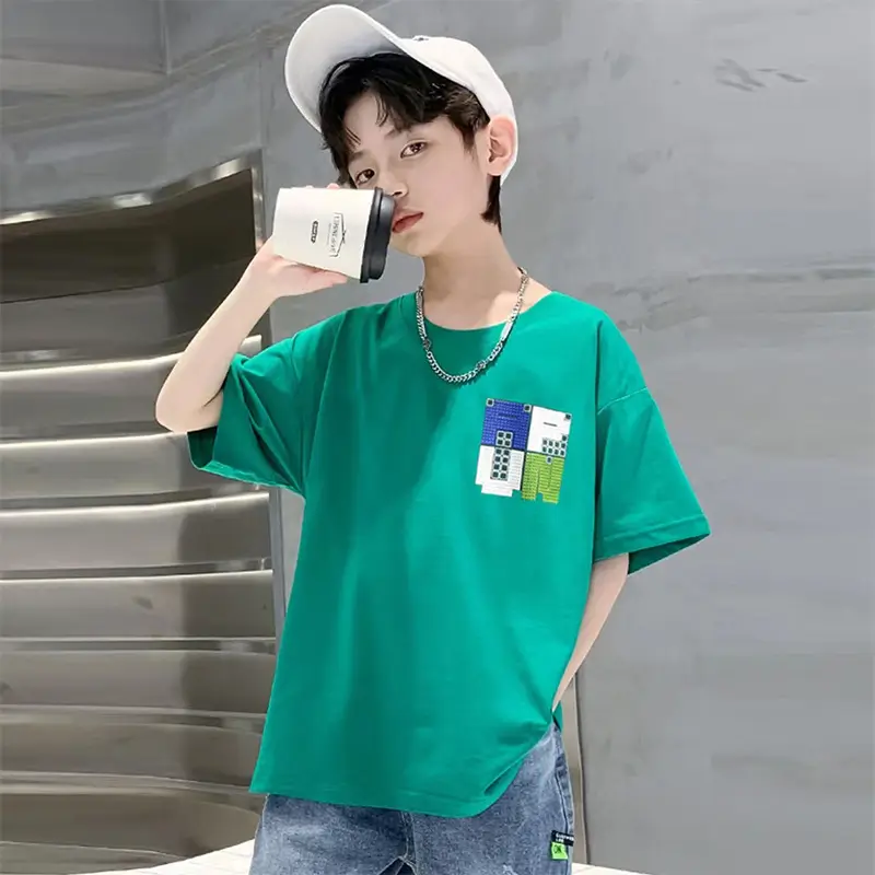 Boys Cotton Korean Cartoon T-Shirt Green Medium Big
