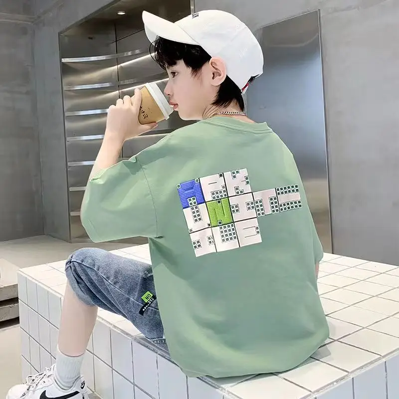 Boys Cotton Korean Cartoon T-Shirt Green Medium Big