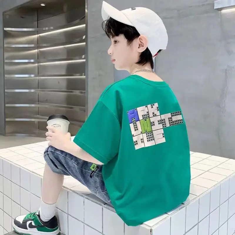 Boys Cotton Korean Cartoon T-Shirt Green Medium Big