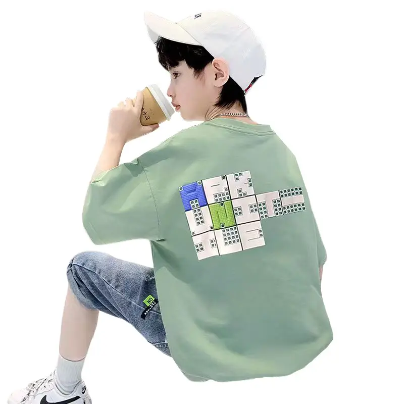 Boys Cotton Korean Cartoon T-Shirt Green Medium Big