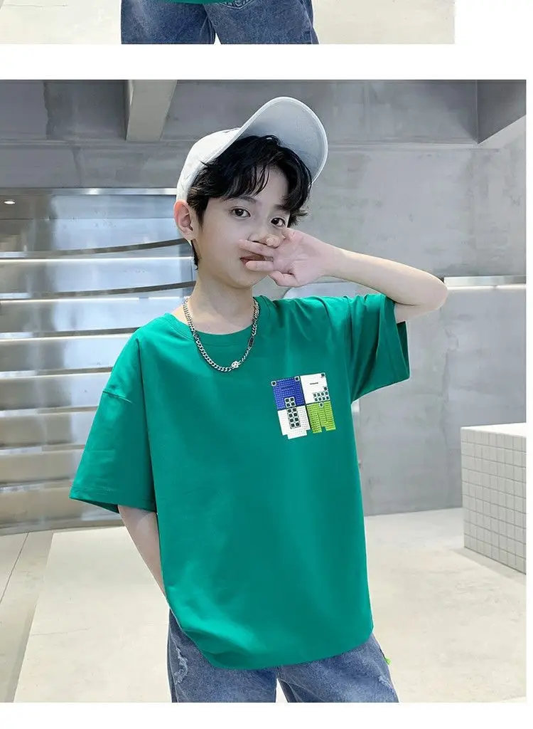Boys Cotton Korean Cartoon T-Shirt Green Medium Big — feature 10