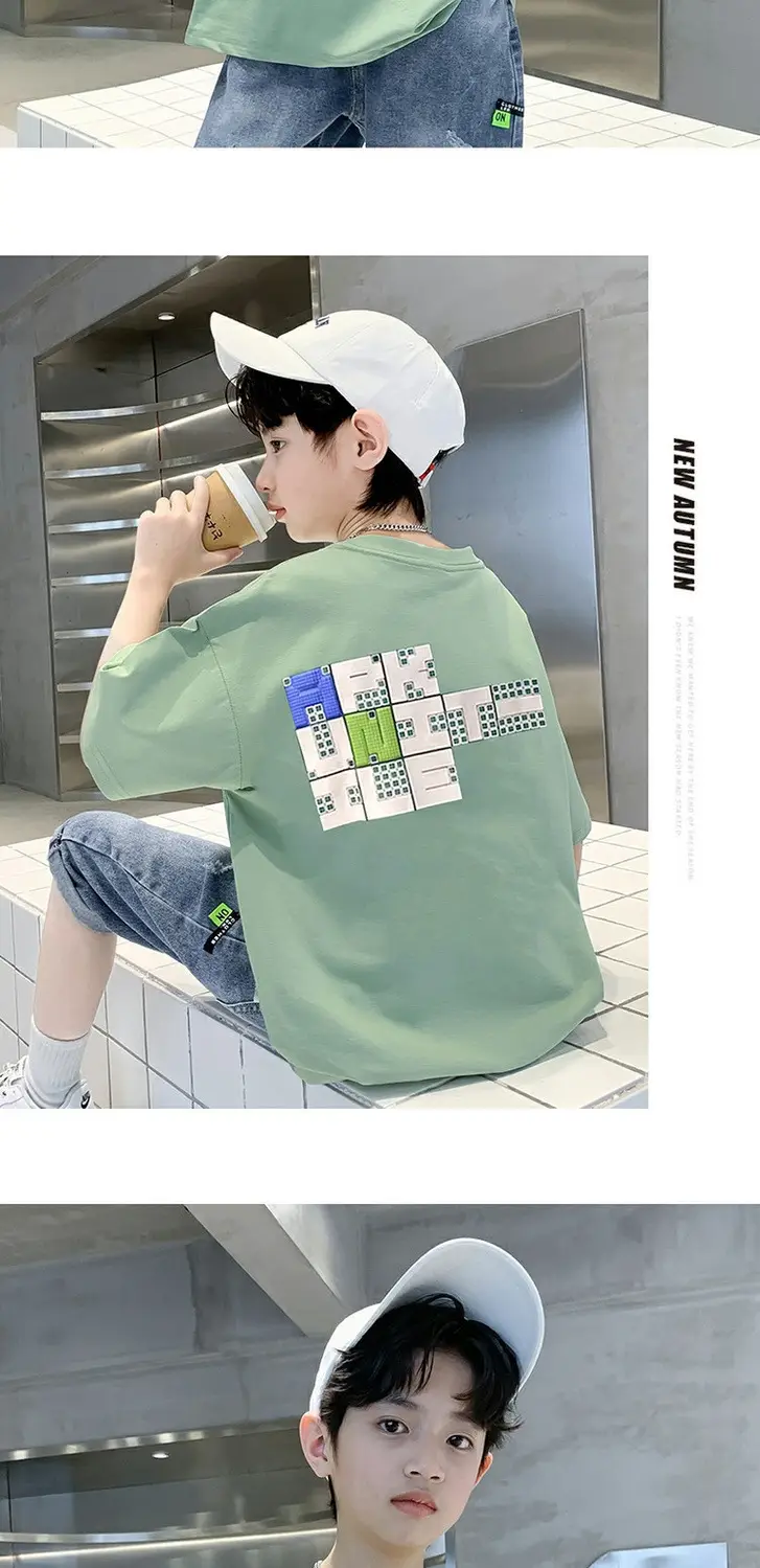 Boys Cotton Korean Cartoon T-Shirt Green Medium Big — feature 6