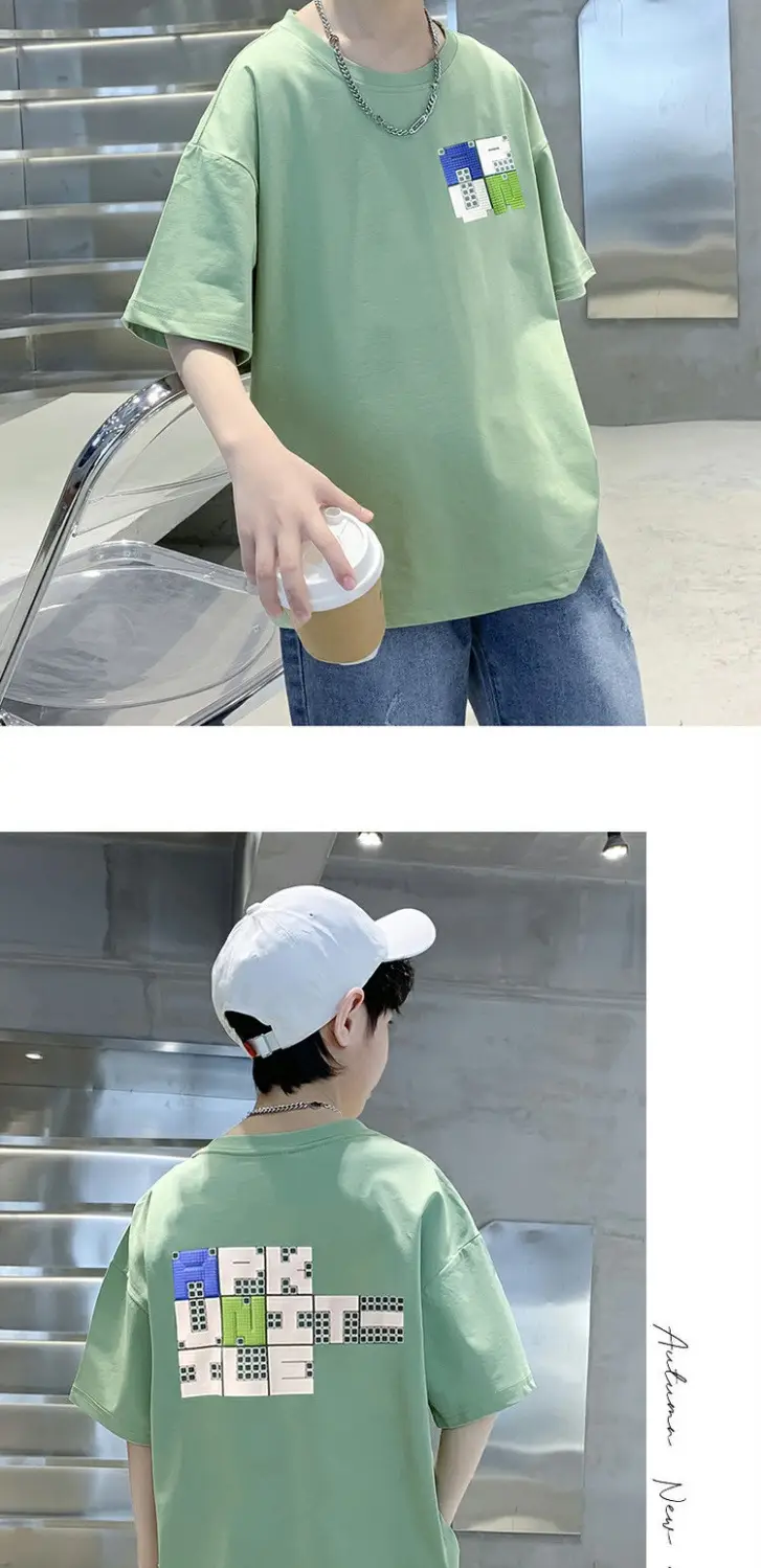 Boys Cotton Korean Cartoon T-Shirt Green Medium Big — feature 7