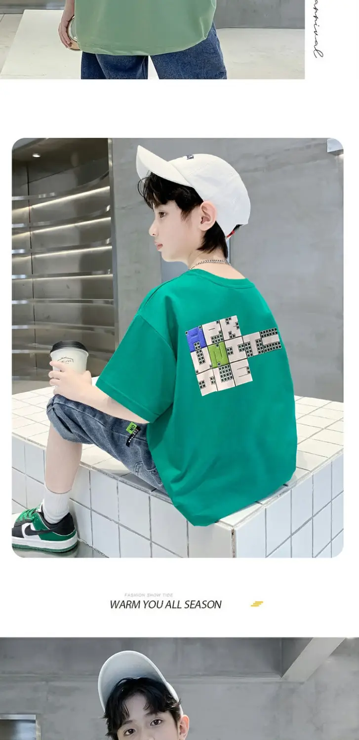 Boys Cotton Korean Cartoon T-Shirt Green Medium Big — feature 8