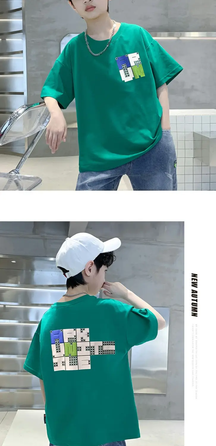Boys Cotton Korean Cartoon T-Shirt Green Medium Big — feature 9