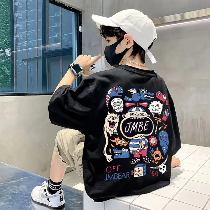 Boys Cotton Cartoon T-Shirt Black Summer Loose Fit - Image 5