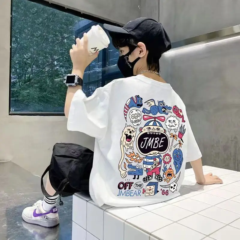 Boys Cotton Cartoon T-Shirt Black Summer Loose Fit - Image 7