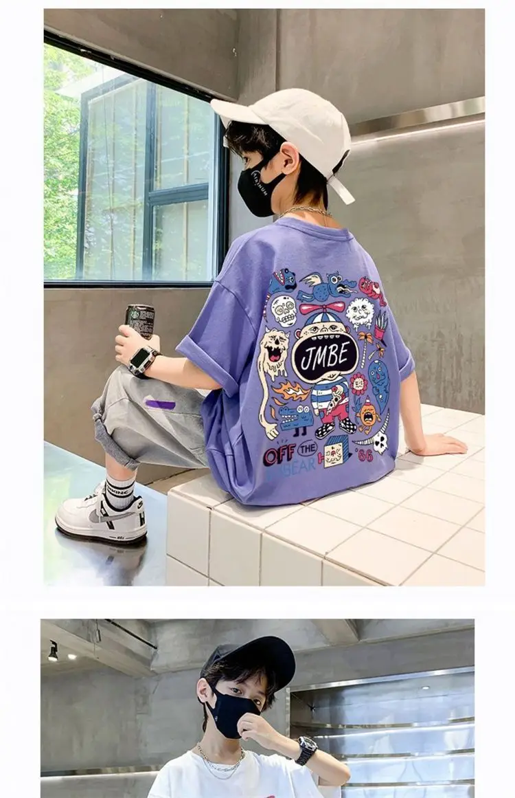 Boys Cotton Cartoon T-Shirt Black Summer Loose Fit — feature 13