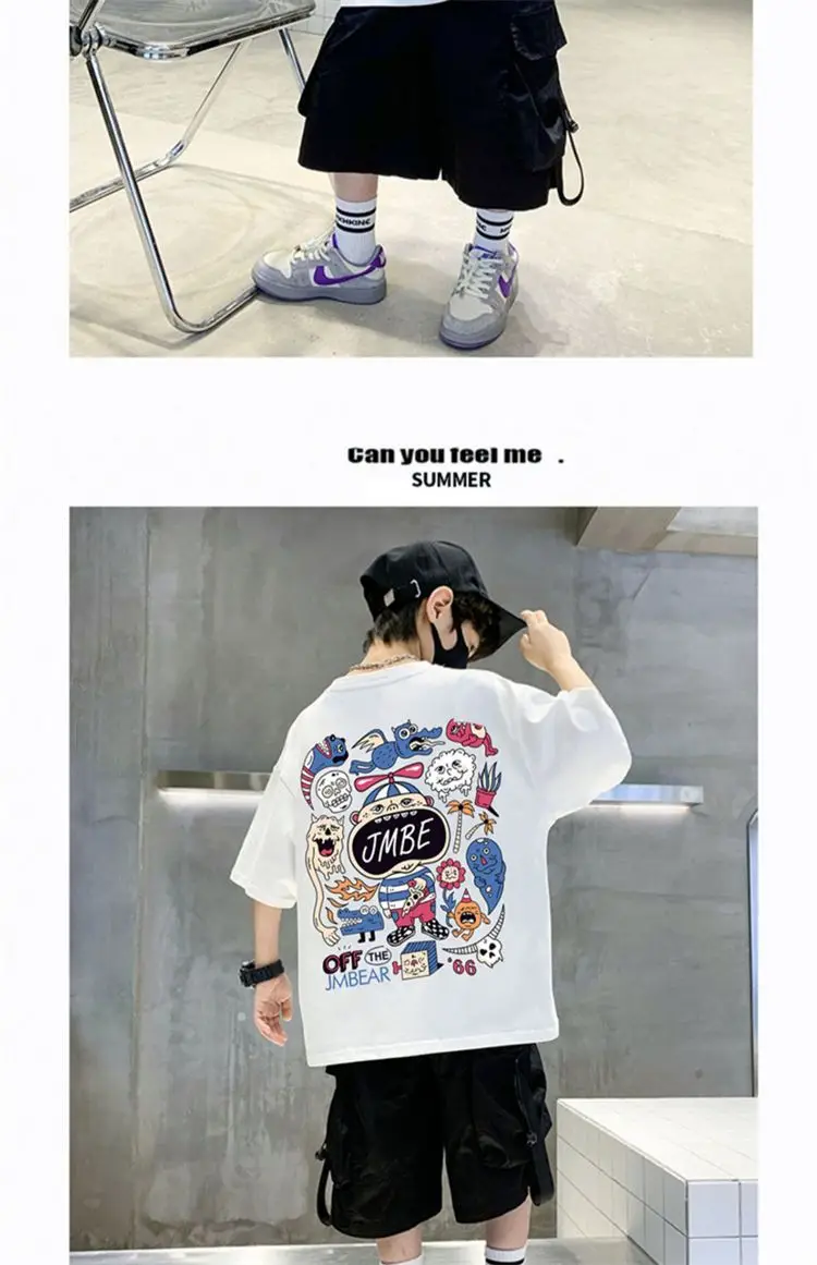 Boys Cotton Cartoon T-Shirt Black Summer Loose Fit — feature 17