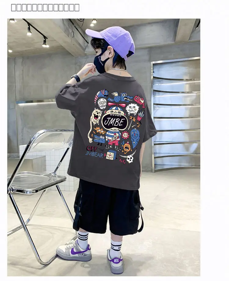 Boys Cotton Cartoon T-Shirt Black Summer Loose Fit — feature 25