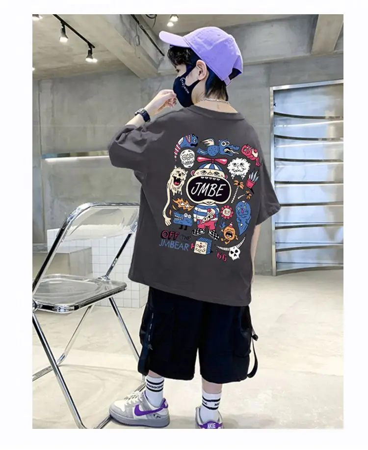 Boys Cotton Cartoon T-Shirt Black Summer Loose Fit — feature 33