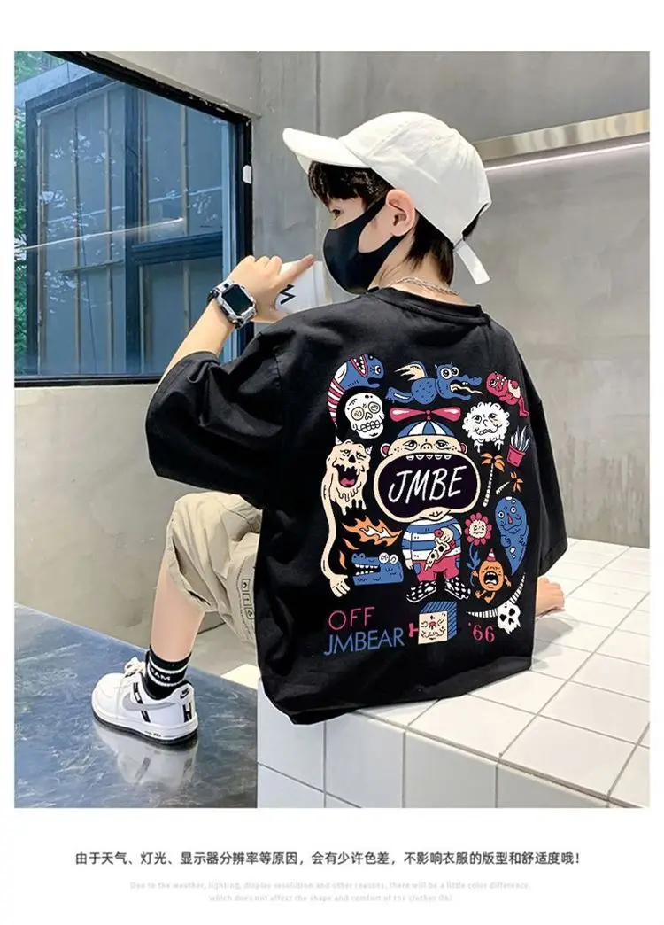 Boys Cotton Cartoon T-Shirt Black Summer Loose Fit — feature 34