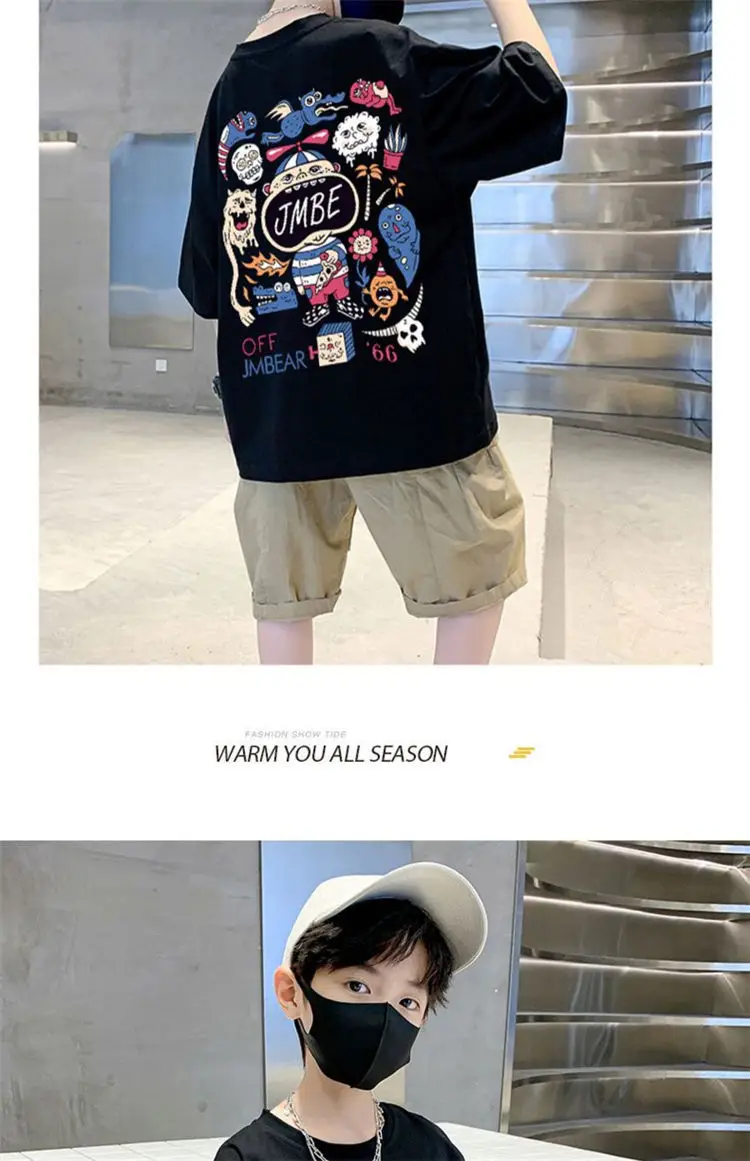 Boys Cotton Cartoon T-Shirt Black Summer Loose Fit — feature 37