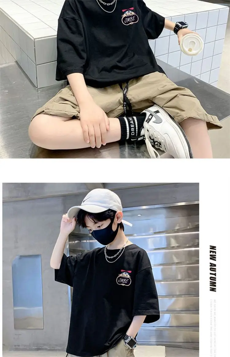 Boys Cotton Cartoon T-Shirt Black Summer Loose Fit — feature 38