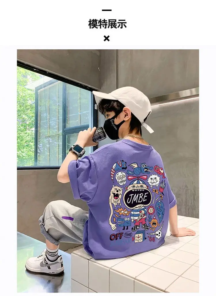 Boys Cotton Cartoon T-Shirt Black Summer Loose Fit — feature 7