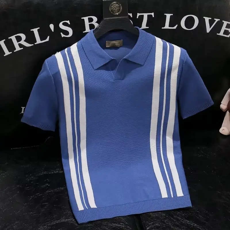 Boys White Blue Striped Polo Top Short Sleeve