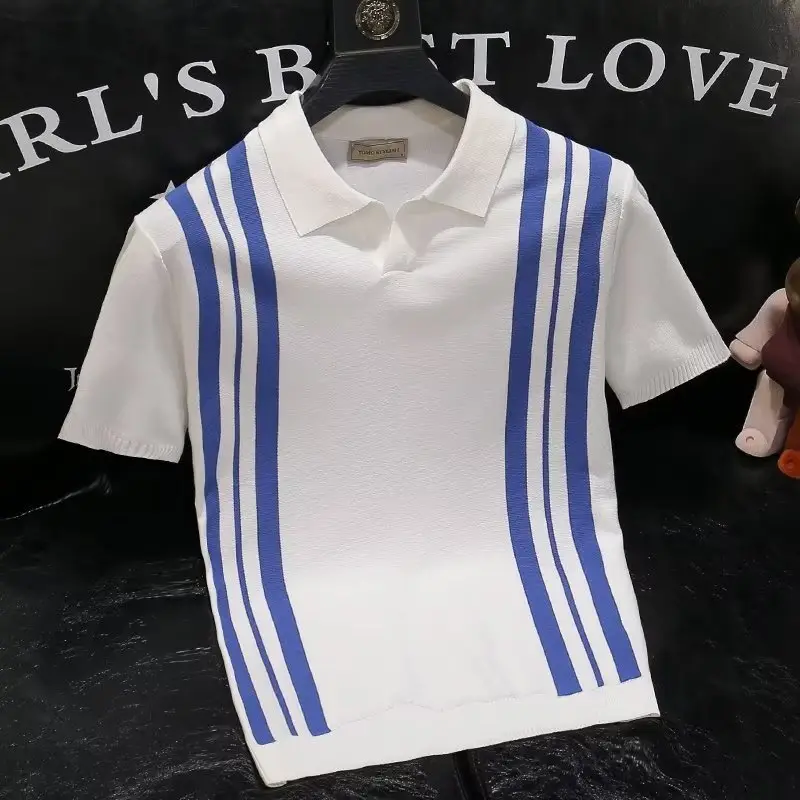 Boys White Blue Striped Polo Top Short Sleeve