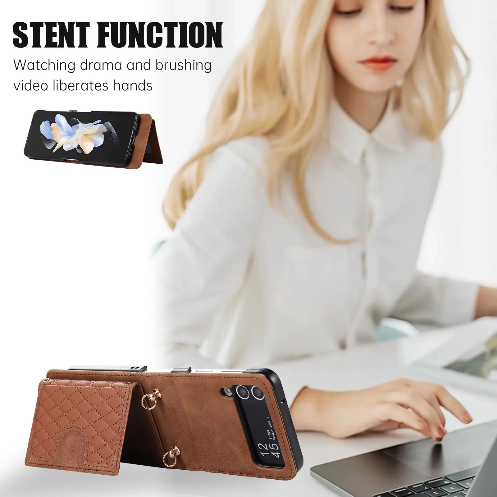 Brown Quilted Zflip Phone Holder with Strap — feature 22