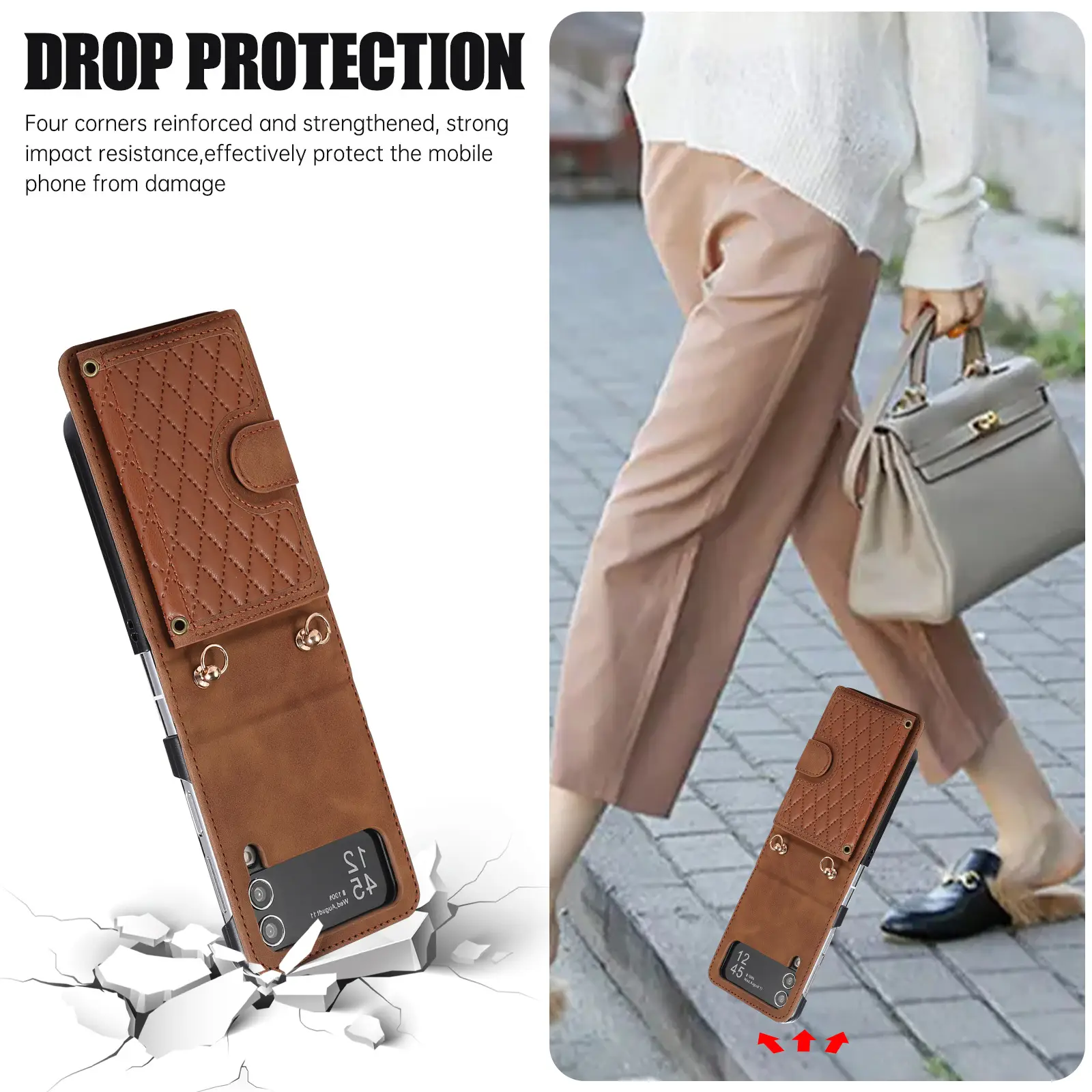 Brown Quilted Zflip Phone Holder with Strap — feature 23