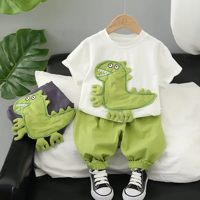Kids Cartoon Dinosaur Suit Summer Boys Green Pants Purple Top - Image 3
