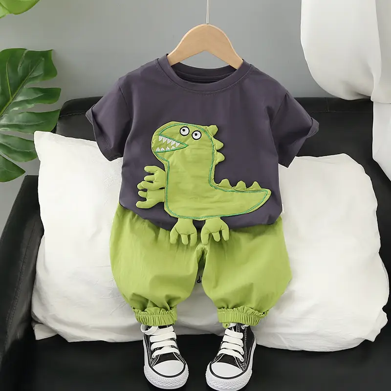 Kids Cartoon Dinosaur Suit Summer Boys Green Pants Purple Top - Image 4