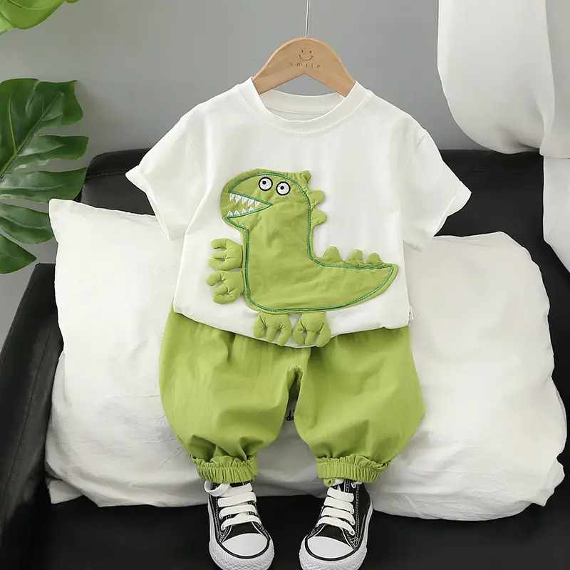 Kids Cartoon Dinosaur Suit Summer Boys Green Pants Purple Top - Image 5