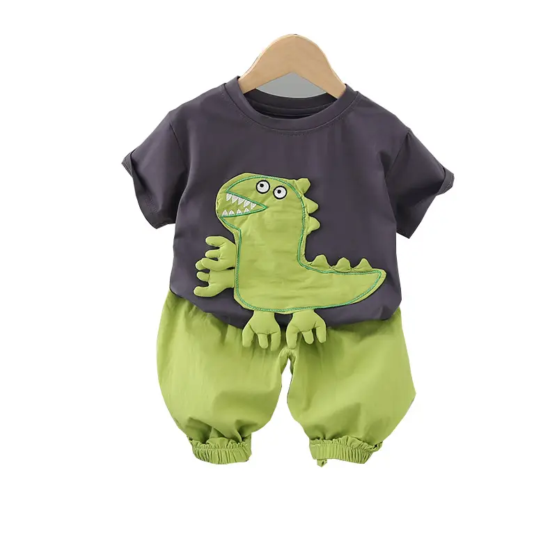 Kids Cartoon Dinosaur Suit Summer Boys Green Pants Purple Top - Image 7