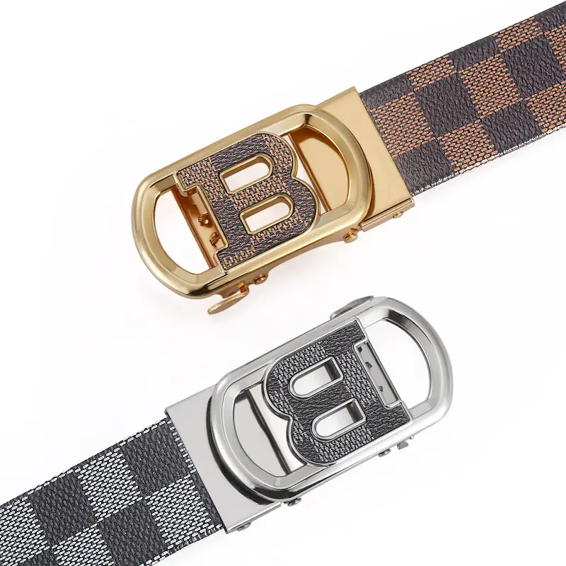 New Men's Automatic Buckle Letter Belt with Brown Check Pattern - Image 5